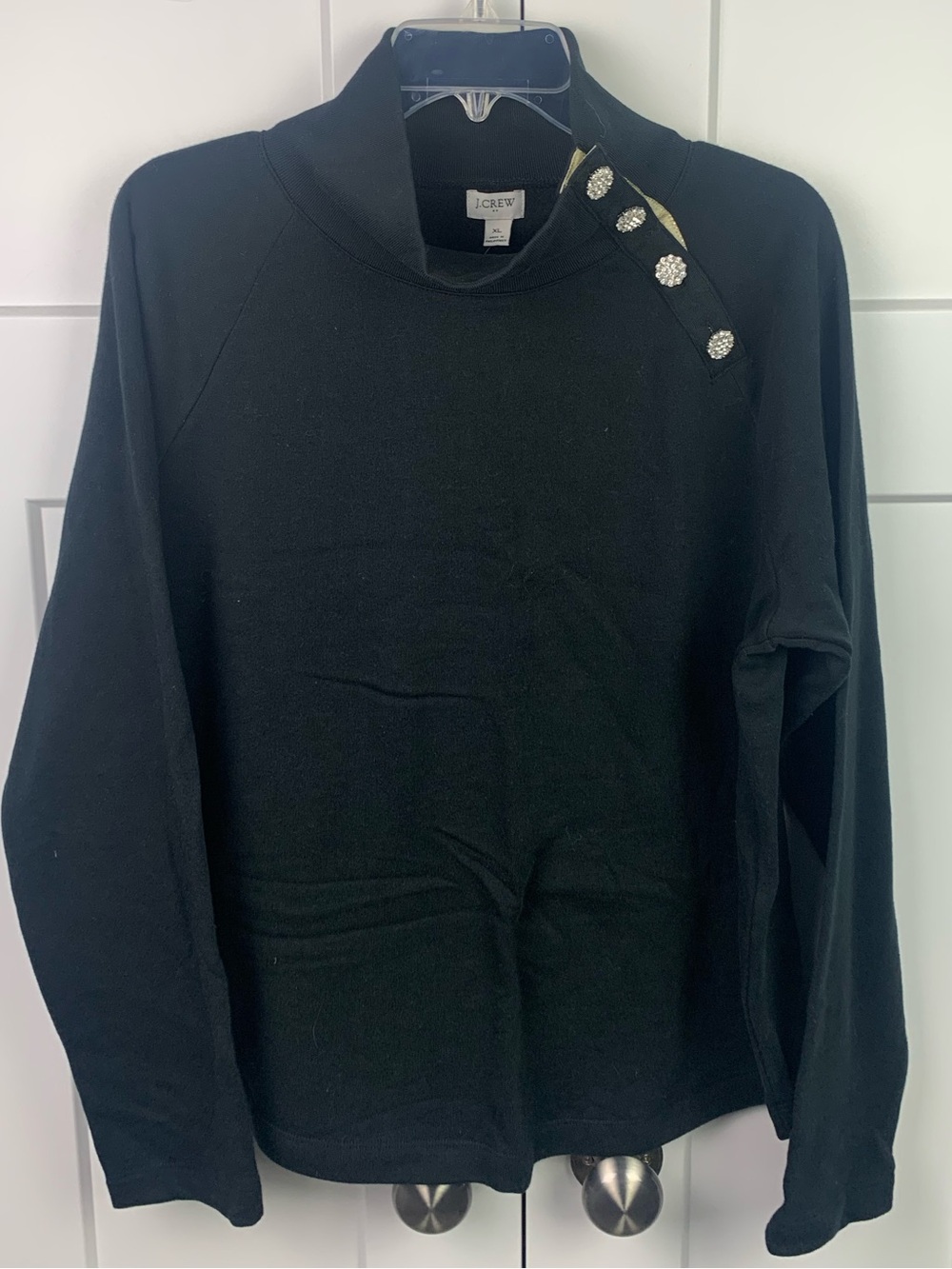 J.CREW XL Black Mock Neck Pullover Sweater Jewel Button Preppy Glam Holiday